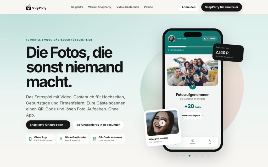 Startseite der Website von SnapParty