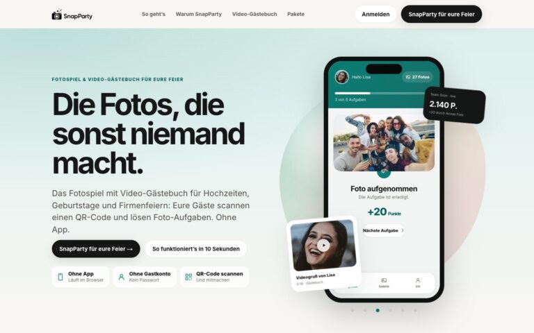 Startseite der Website von SnapParty
